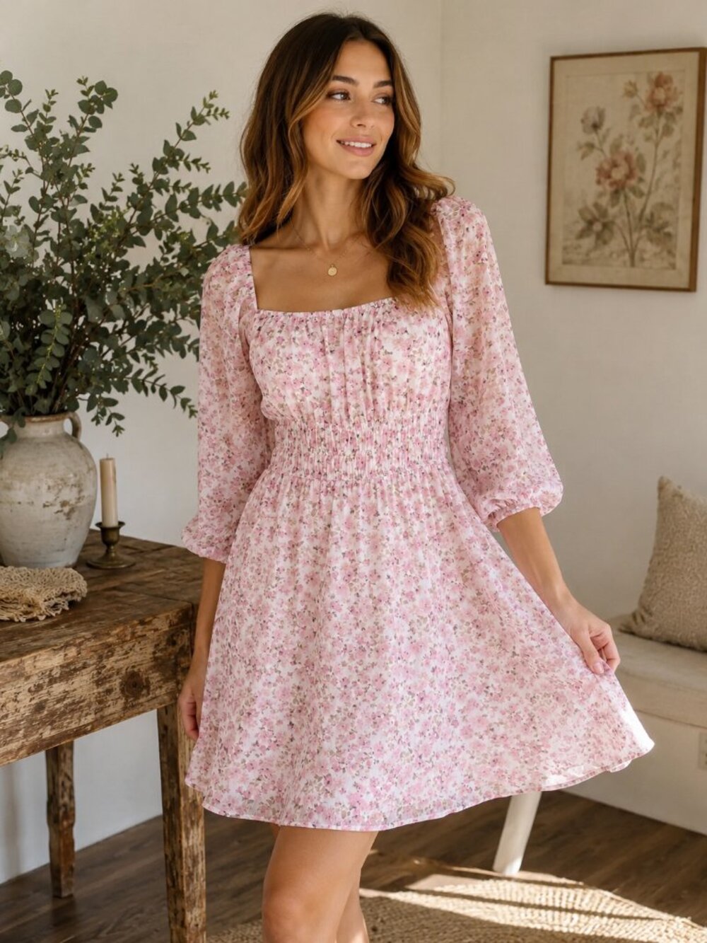TRIXXI Floral Smocked Mini Dress XL Pink Cottagecore Puff Sleeve Lined